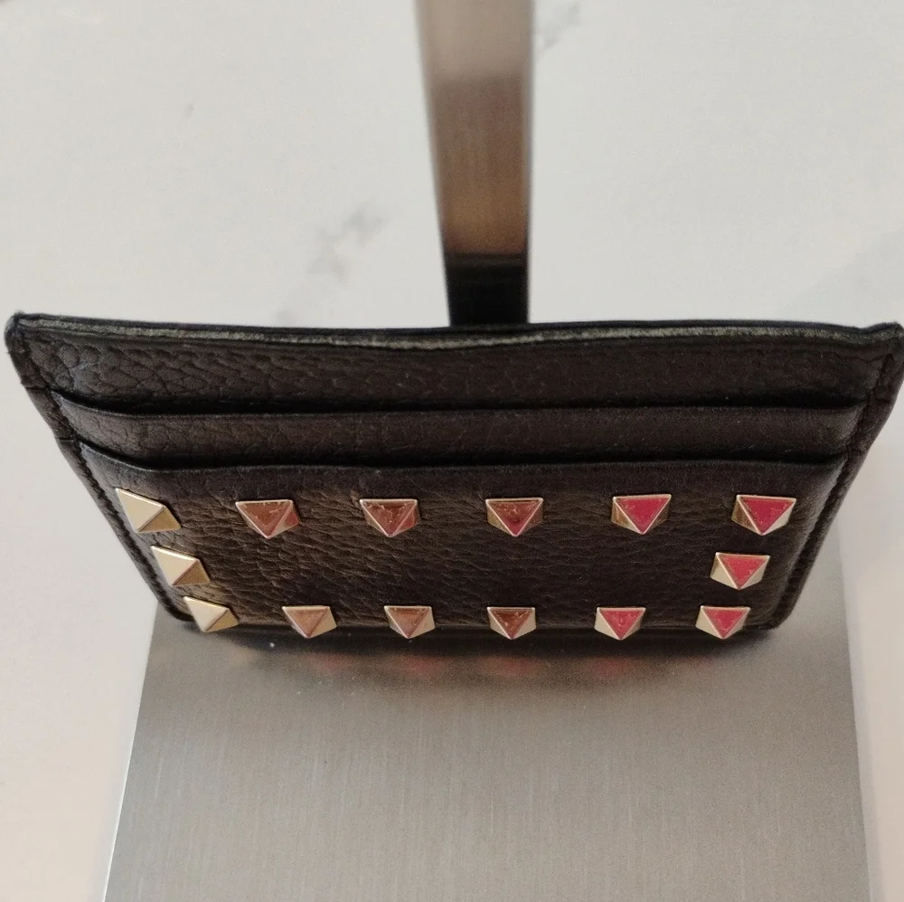 Valentino Garavani Card Holder - Black Studded Pebbled Leather - Picture 4 of 14